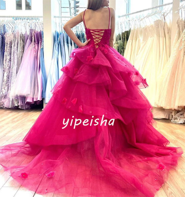 Organza Flower Beading Evening Ball Spaghetti strap Bespoke Occasion Gown Long Dresses