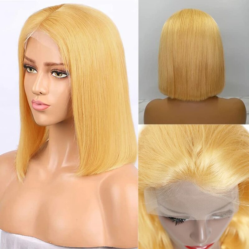 Miodowo-blond krótki Bob koronkowa peruka na przód ludzkich włosów peruki HD przezroczysta koronkowa peruka prosta brazylijska ludzka sierść z dziecięcymi włosami