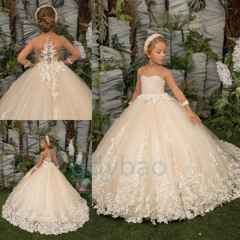 Vestido de flores para niña, apliques de encaje Floral, vestidos de fiesta de boda para niños, ropa para niños, vestido de primera comunión de princesa, nuevo