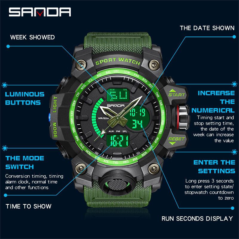 SANDA 3132 nowe męskie zegarki LED luksusowe w stylu Casual markowa 50M wodoodporny na zewnątrz sportowy wojskowy zegarek kwarcowy dla męski zegarek