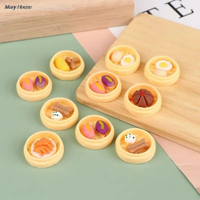 Terlaris 10 buah Mini Cina Dim Sum Fritters rumah boneka miniatur roti telur Resin makanan pura-pura untuk boneka Aksesori dekorasi dapur