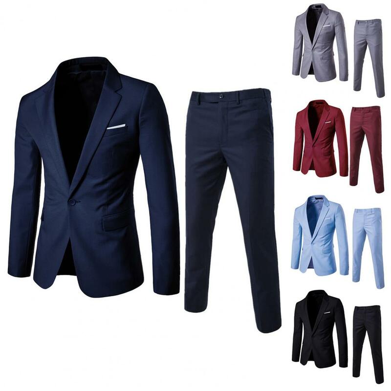 Traje de negocios ajustado para hombre, Conjunto elegante de traje de negocios con solapa, abrigo de un solo botón, pantalones ajustados con bolsillos, ropa de trabajo para un