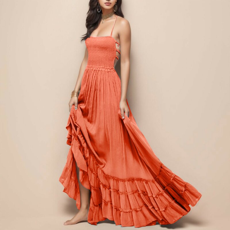 여성용 스모크 맥시 드레스, 섹시한 플로이 비치 롱 프릴 드레스, 귀여운 비치 드레스, 여름 2023