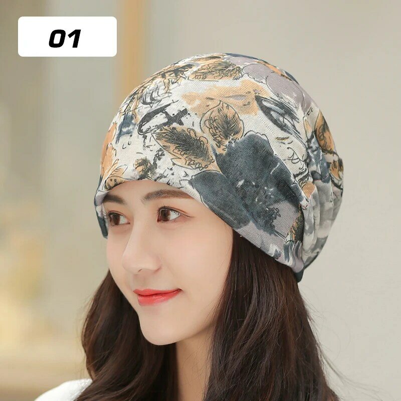 Women Summer Thin Floral Printing Turban Cap Muslim Head Cover Headscarf  Wrinkle Soft Bonnet Hijab Beanie Hat Head Wrap