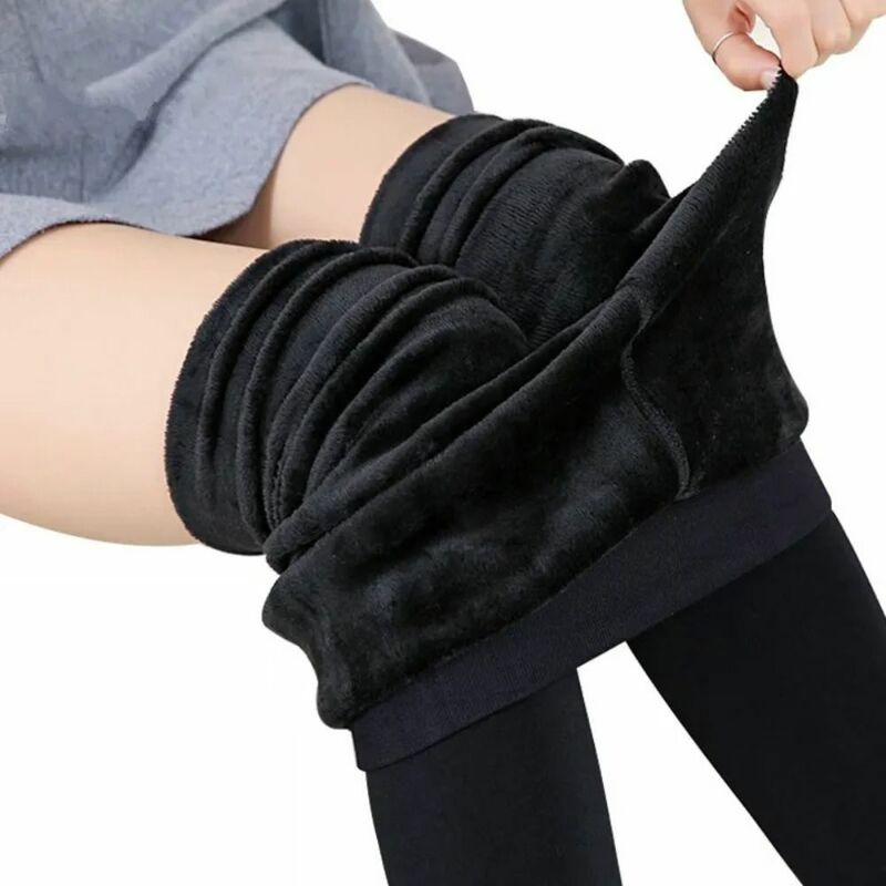 Legging beludru pinggang tinggi wanita, Legging hangat elastis hitam pinggang tinggi tebal musim dingin warna polos