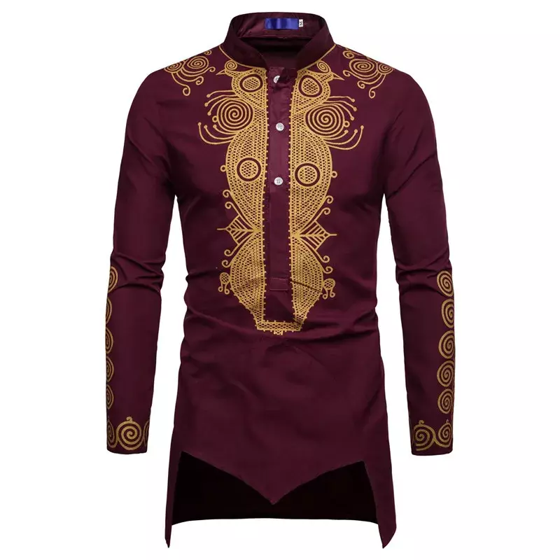 이슬람 남성 셔츠 이슬람 의류 프린트 스탠드 컬러 탑스 쿠르타 내셔널 프린트 긴팔 셔츠, 남성 포크 힙합 스트리트웨어