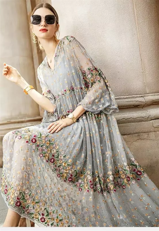 2024 wiosenno-letnia damska nowa moda bogata dama luźne ciężki haft długie sukienki dwuczęściowy zestaw haftowana sukienka N638