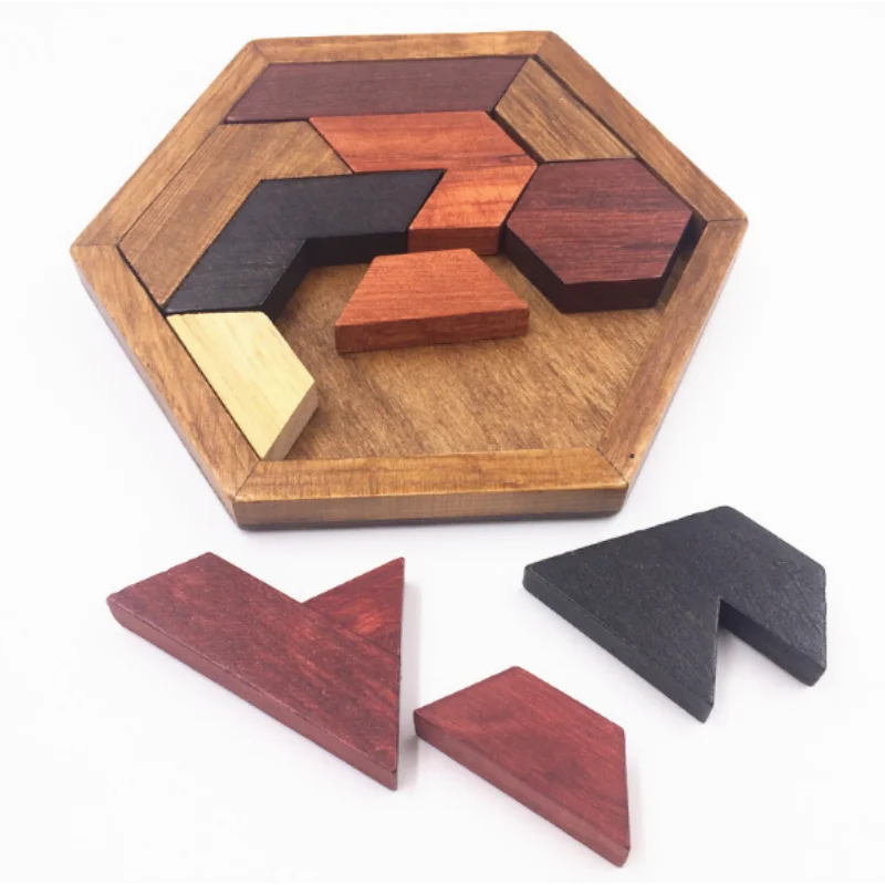 Bunte sechseckige hölzerne geometrische Form Puzzles Board Montessori Spielzeug pädagogische Intelligenz Spielzeug
