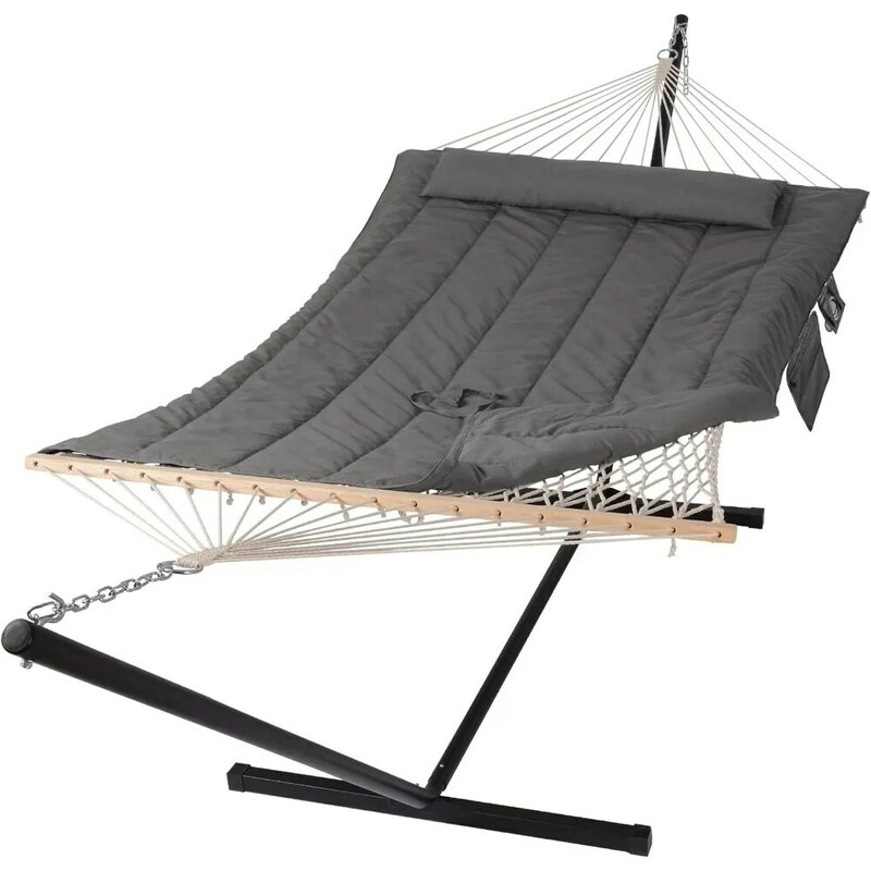 Double Outdoor Hammock with Stand, Two Person Cotton Rope Hammocks with Polyester Pad, Hammock