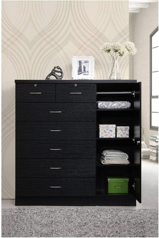 7 Drawer Jumbo Chest, Five Large Drawers, Two Smaller Drawers with Two Lock, Hanging Rod, and Three Shelves