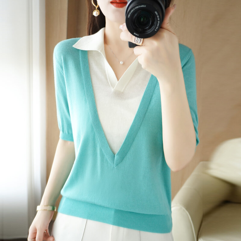 Suéter de punto de lana para mujer, jersey de dos piezas de manga corta con temperamento falso, con solapa de Color de contraste en forma de V, novedad de verano de 2022
