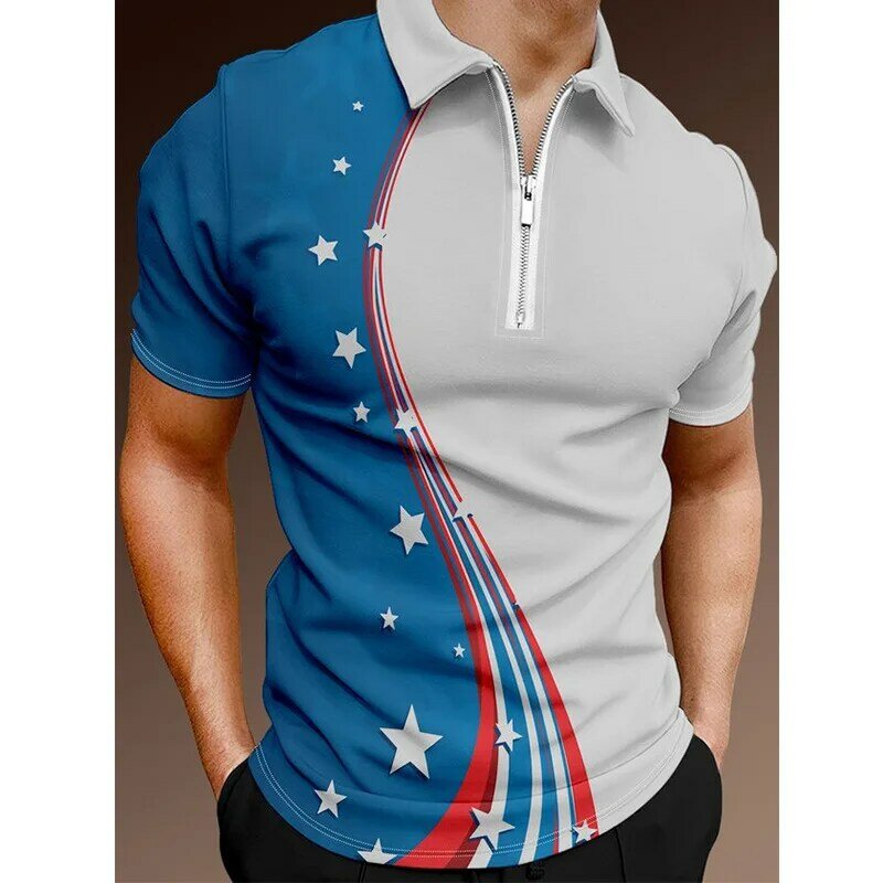 Camisa polo masculina casual de manga curta com zíper, camiseta de lapela, estampada em 3D, moda outono, novo