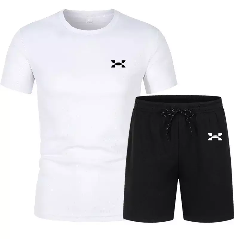 ชุดกีฬาผู้ชายใหม่2024ชุดฤดูร้อนเสื้อยืดแขนสั้น Baju fitnes + กางเกงขาสั้นชุดสูท2ชุดเซตกางเกงแห้งเร็ว