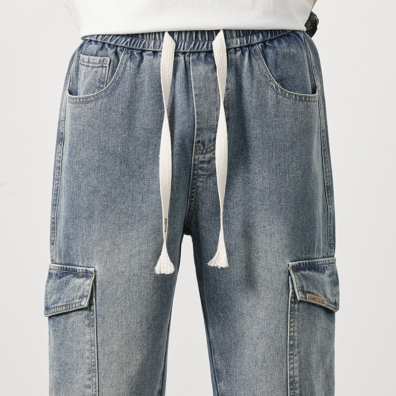 Pantaloni Cargo Jeans dritti da uomo pantaloni sportivi morbidi Casual in vita elasticizzata abbigliamento maschile pantaloni Vintage larghi in Denim