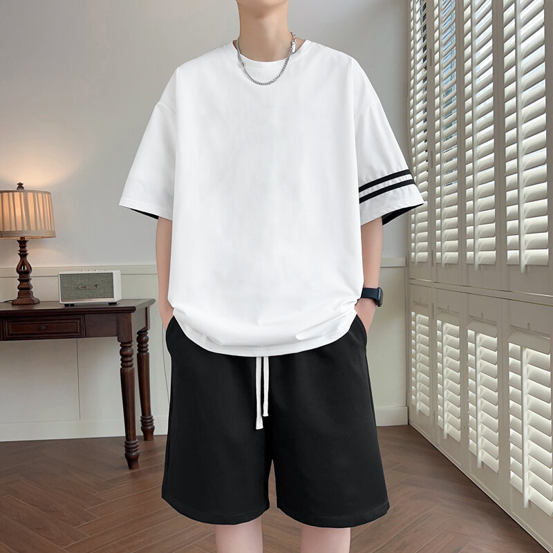 2024 Sommer Herren Trainings anzug Sets koreanischen Casual Sporta nzug atmungsaktive feste T-Shirts Shorts 2 Stück Set High Street Herren Kleidung