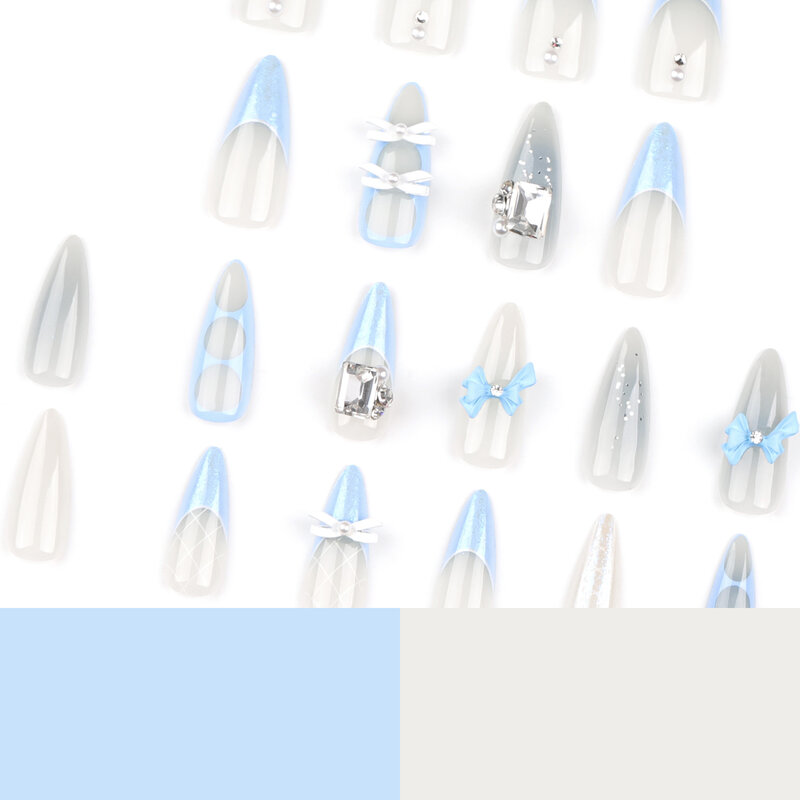 여성용 블루 프렌치 프레스 네일, 3D 활 라인석 디자인, 가짜 네일 팁, 웨어러블 인스 달콤한 가짜 손톱, 24 개