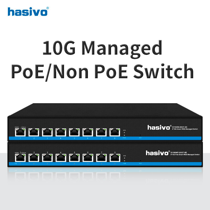 Hasivo semua 10 Gigabit PoE atau tanpa PoE saklar Ethernet 8*10gbps RJ45 jaringan Port Plug and Play 10gbe 10gb 10000mbps