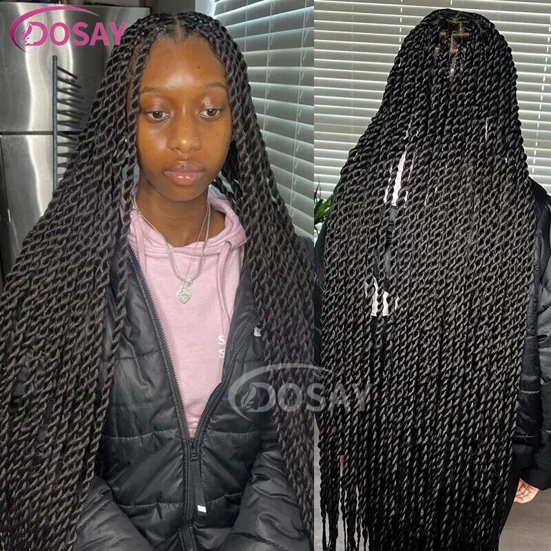 Pelucas sintéticas trenzadas con caja Frontal de encaje completo para mujeres negras, peluca trenzada sin nudos, cabello de bebé, 36"
