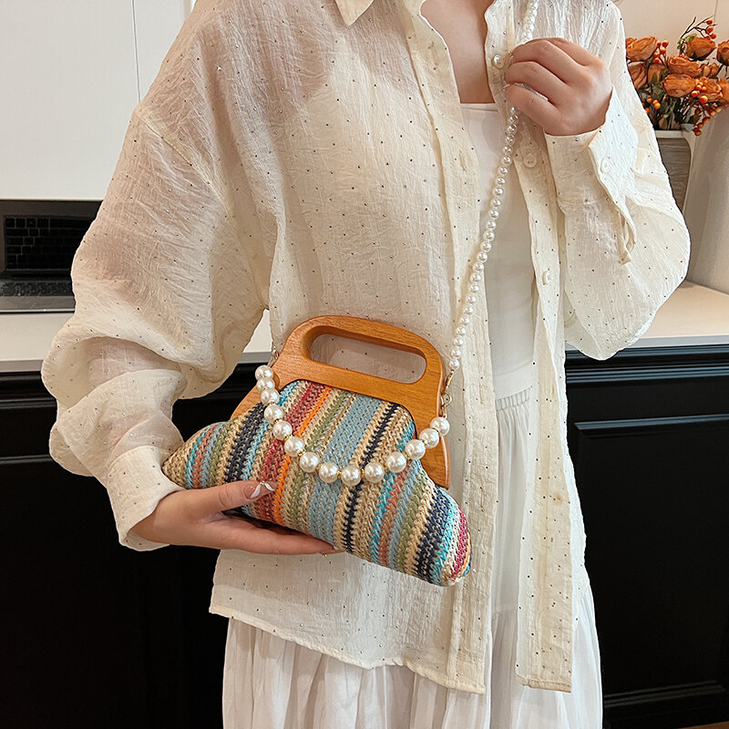 Винтажная плетеная Сумка через плечо с жемчужной цепочкой для женщин, летняя дизайнерская сумка, брендовый пляжный дорожный кошелек, клатч, 2024