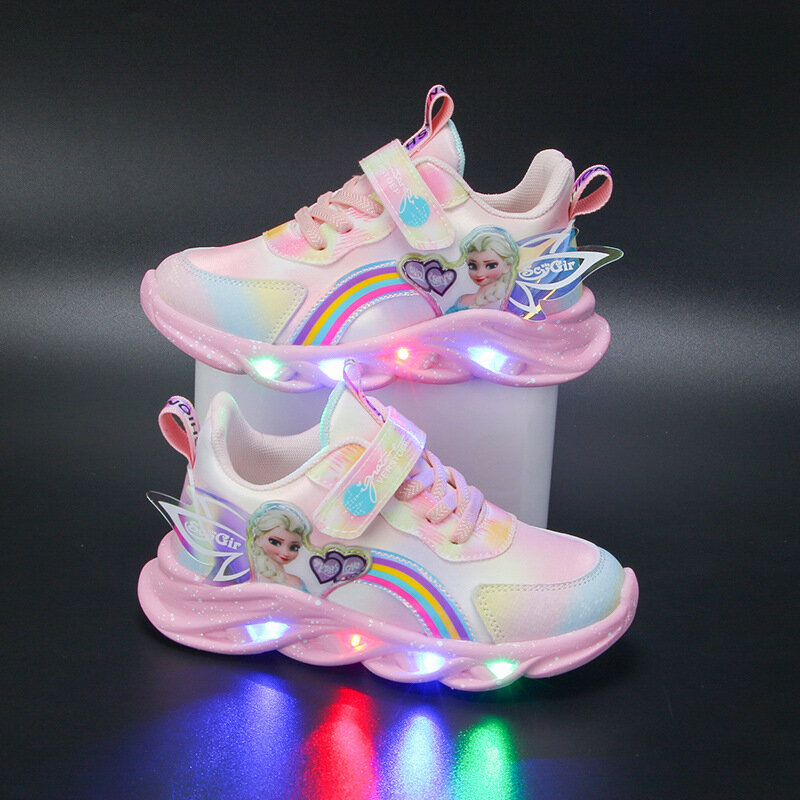 Disney-zapatos deportivos para niña, calzado de malla transpirable con luces LED, Frozen, princesa Elsa, rosa, Morado, piel sintética, talla 22
