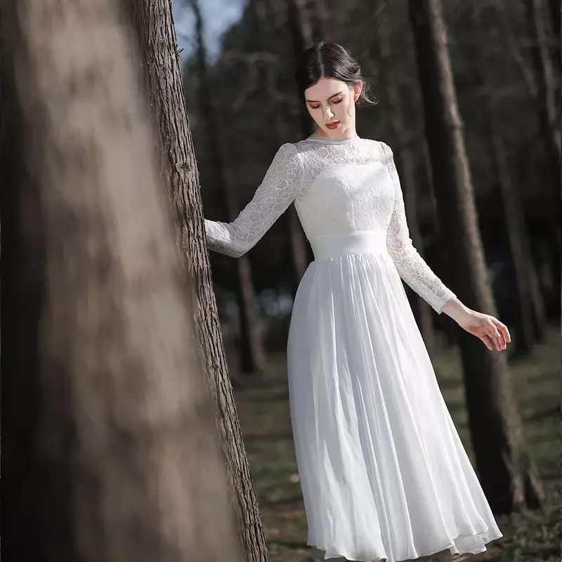 Elegance Vintage Short Wedding Dresses Bridal Gowns Long Sleeve O-neck Low Back Informal Beach robe mariage Custom Made New