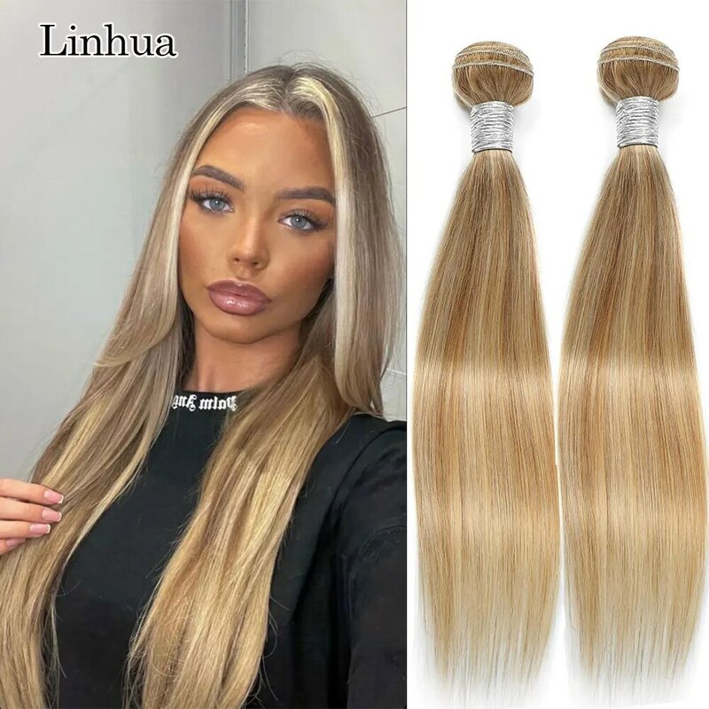 Linhua Highlight P27/613 Human Hair Bundles 8 to 30 Inch Straight Human Hair Blonde Machine Made Double Weave Weft