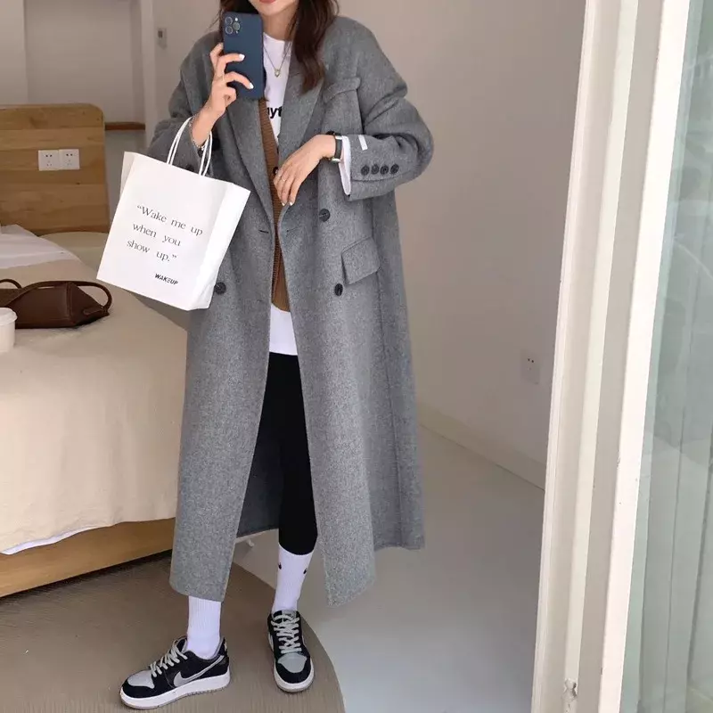 Winter Thick Office Lady Long Wool Coat Elegant Fashion Faux Wool Jacket Women Simple Grey Long Sleeve All Match Outwear