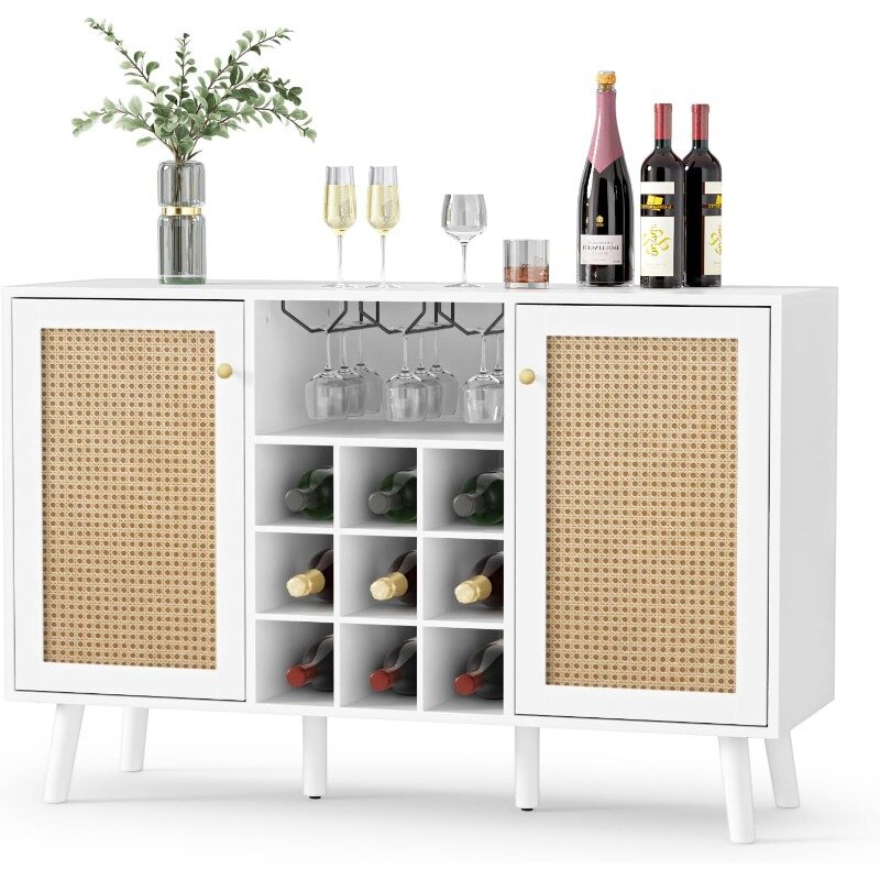 Giluta-Rattan Wine Bar Cabinet, 2 portas Farmhouse Liquor Cabinet com Wine Rack e suporte de vidro, aparador branco, Buffet Storage