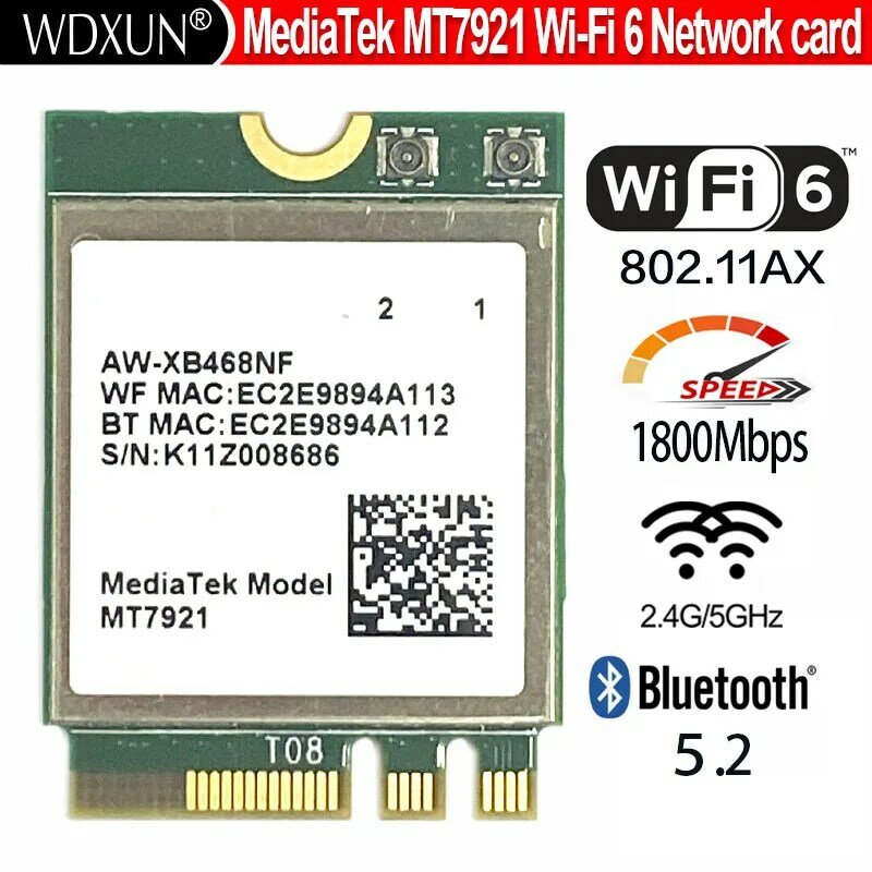 New Wi-Fi 6 MediaTek  MT7921 wifi 6 1800M Bluetooth 5.2 wireless WIFI network card NGFF m.2 support windows10 / 11 MT7921k