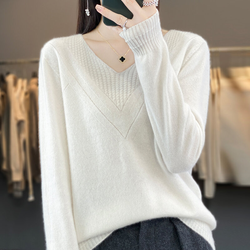 Suéter feminino de lã pura com decote em v, suéter de malha inferior, pulôver outono e inverno, novo