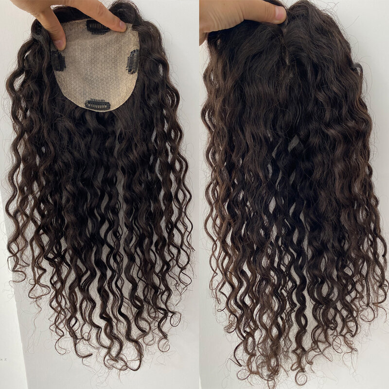Curly Human Hair Topper European Virgin Human Hair Natural Skin Scalp Silk Base Women Toupee Free Parting Clip In Hairpiece