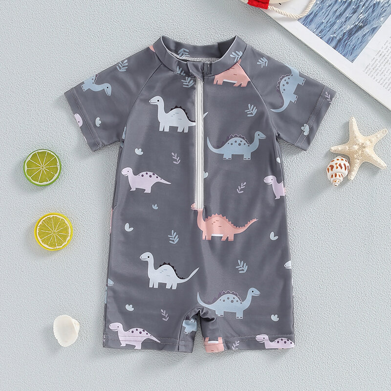 VISgogo Baby Boys Dinosaur Print Swimsuit Round Neck Half Zip Up Short Sleeve Rash Guard Swimwear Infant Toddler Bathing Suit
