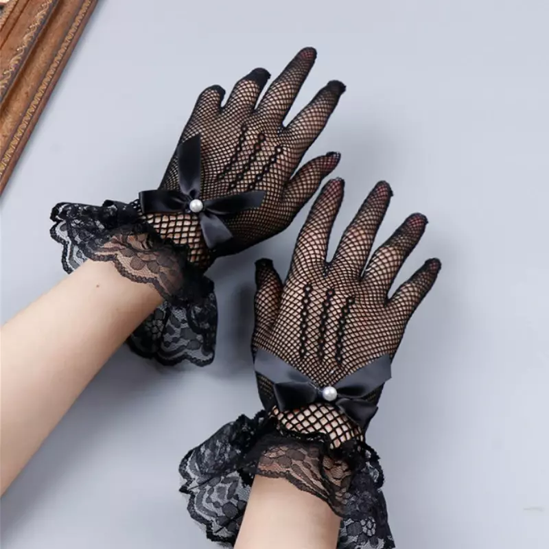 Dziewczęce Lolita koronkowe drążone rękawiczki damskie ceremonia etykieta cienkie siateczkowe rękawiczki gotyckie punkowe seksowne rękawice czarne białe miękkie elastyczne