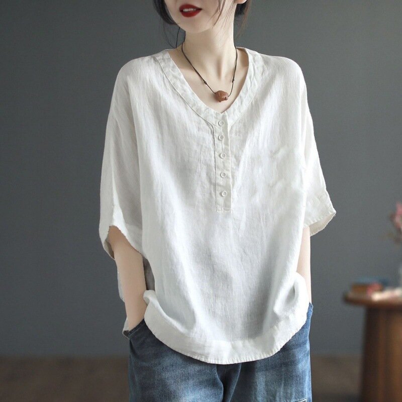 Women's 2024 Summer New Patchwork V-neck Vintage Button Solid Color Loose and Elegant Batwing Sleeve Short Sleeve T-shirt Shirts