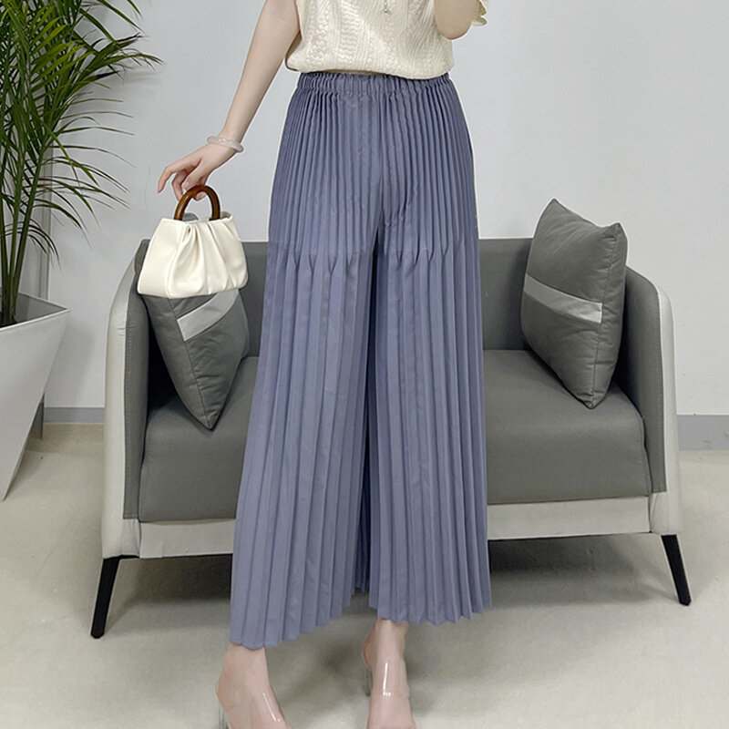 Miyake-Pantalones plisados de pierna ancha para mujer, pantalón informal de nueve puntos, holgado y versátil, talla grande, 2024