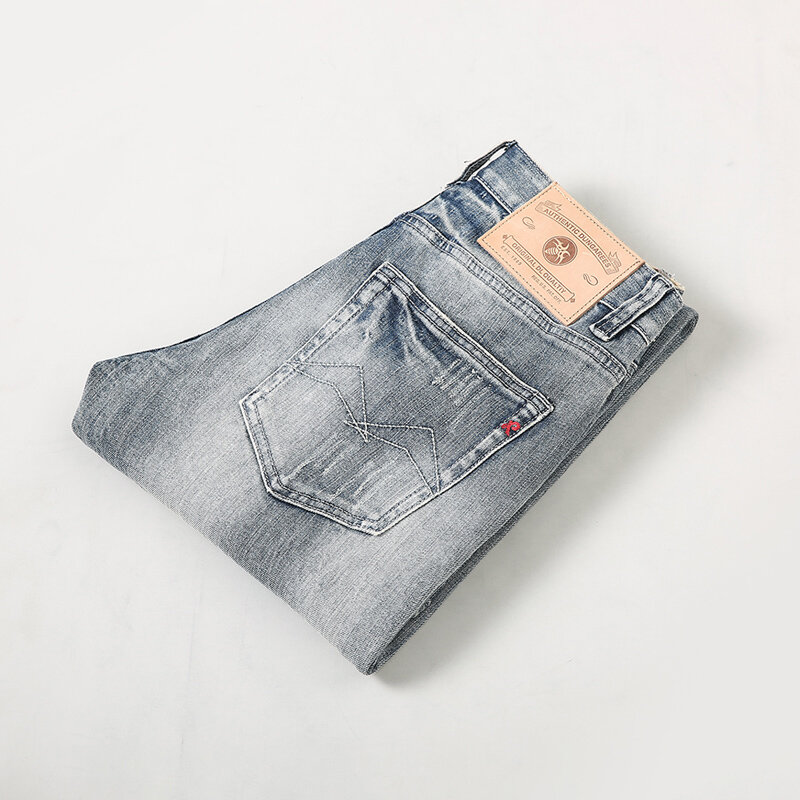 Новые дизайнерские модные мужские джинсы высокого качества ретро серые синие эластичные Стрейчевые Узкие рваные джинсы мужские винтажные джинсовые брюки