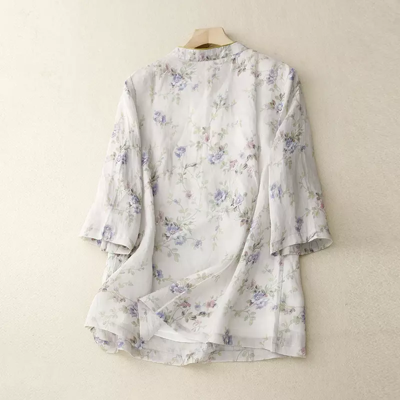 Винтажные женские рубашки, летние блузки в китайском стиле с принтом, свободные женские топы с коротким рукавом, хлопковая льняная одежда
