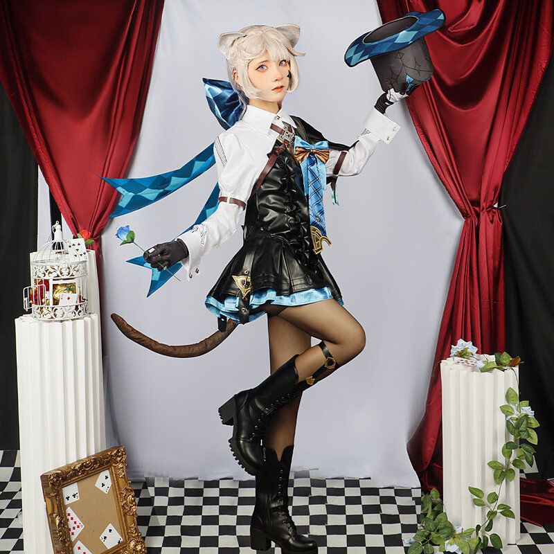 Lynette Cosplay fantasia com peruca para mágico, uniforme de couro, vestido com orelhas de cabelo comprido, saia e luva, roupa Comic Con, Game Cos, Lyney