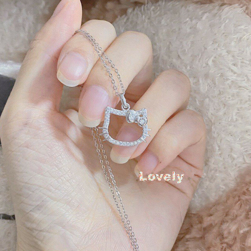 Lovely Hello kitty Sanrio Anime Kids Chain Necklace Cute Cartoon Hollowed Kitty Crystal Ring for Women Girls Birthday Gift