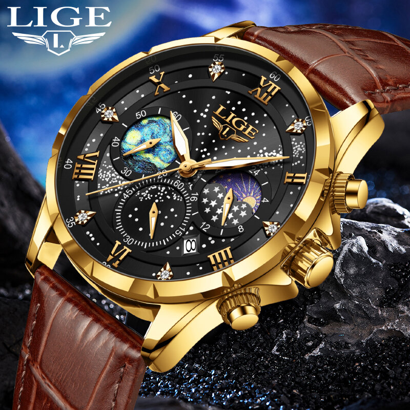LIGE-Relógio de quartzo impermeável de luxo masculino com data, cronógrafo luminoso, relógio de pulso masculino, relógios esportivos casuais, caixa incluída