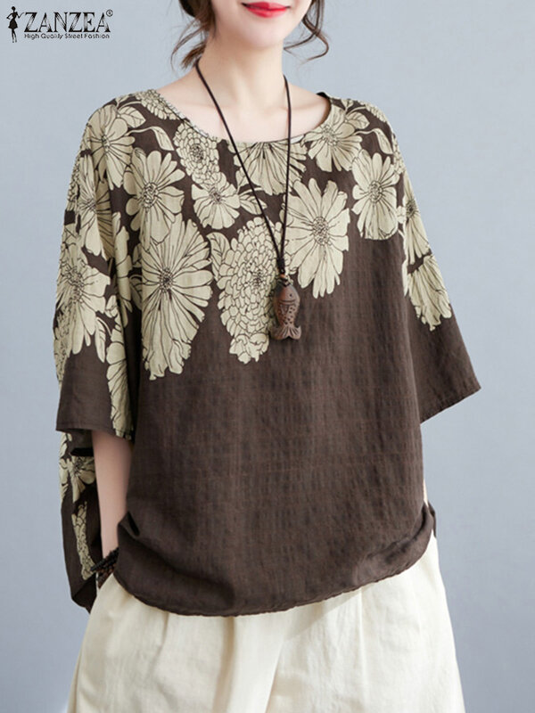 Женская Повседневная мешковатая блузка ZANZEA, летняя рубашка с круглым вырезом и рукавом 3/4, богемные праздничные топы, Женская рабочая рубашка, винтажные Блузы с принтом