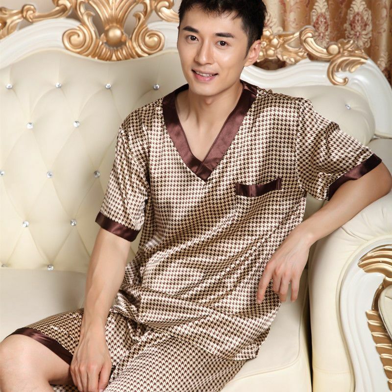 Summer Pajamas Men True Silk Short Sleeve Shorts Korean Men Thin Ice Silk Spring and Autumn Young Middle-aged Home Wear Set