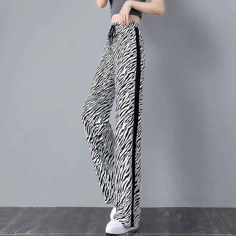 Female Clothing Spring Summer Vintage Black And White Pattern Pants Women's Fashion Zebra Print Straight Wide Leg Pants Trousers