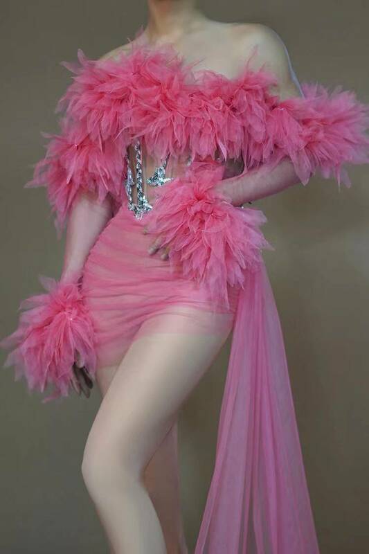 Комплект из 3 предметов, розовое Сетчатое платье с блестками, чарлидинг, Лас-Вегас, Showgirl, очаровательный наряд Drag Queen, сексуальная сценическая одежда для беременных Xinshen