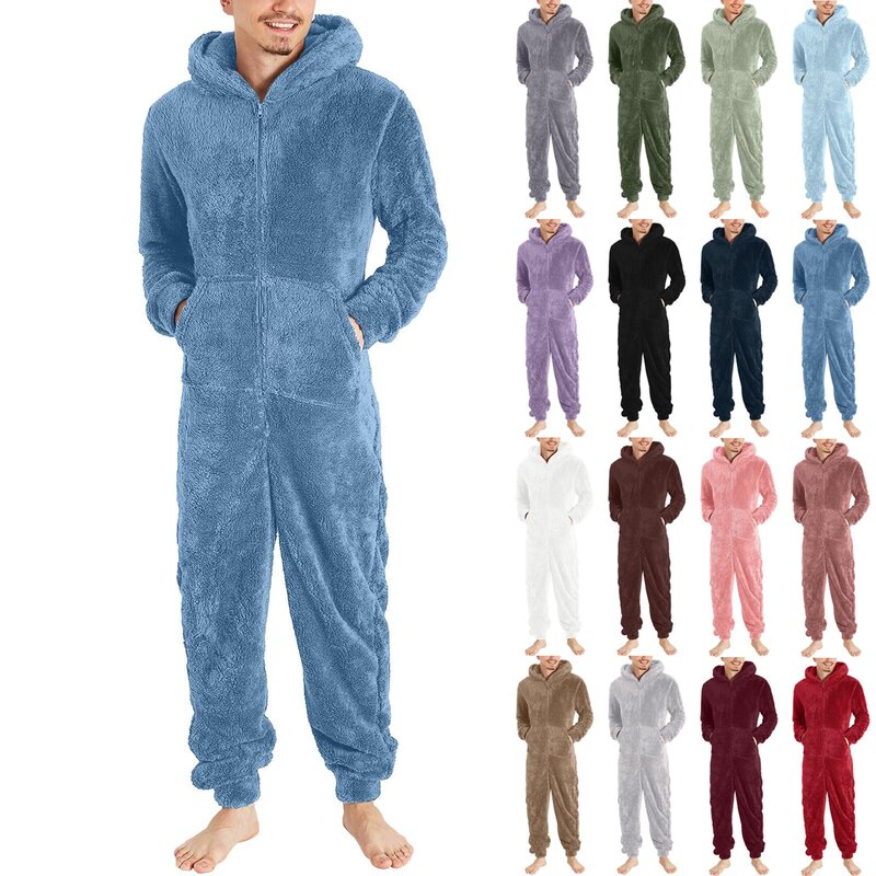 Mono estampado de manga larga para hombre, pijama de forro polar con capucha y cremallera, ropa de dormir con bolsillos, Invierno