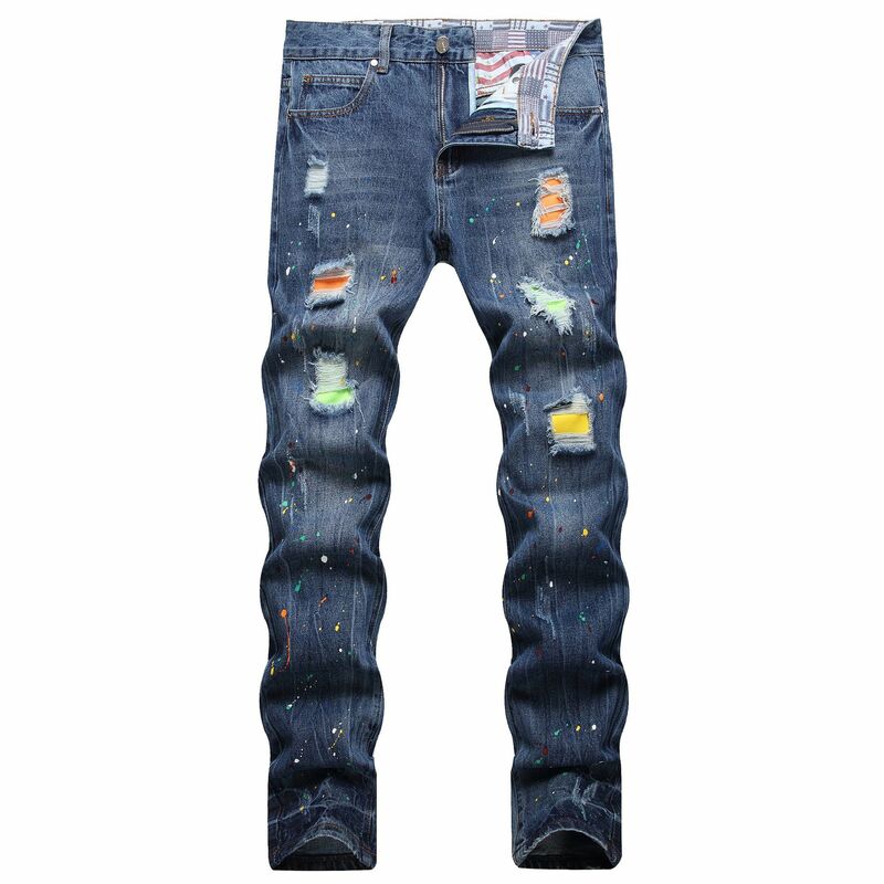 2024 new trousers cross-border autumn men's torn patch jeans  fashion brand slim body shake paint small foot 