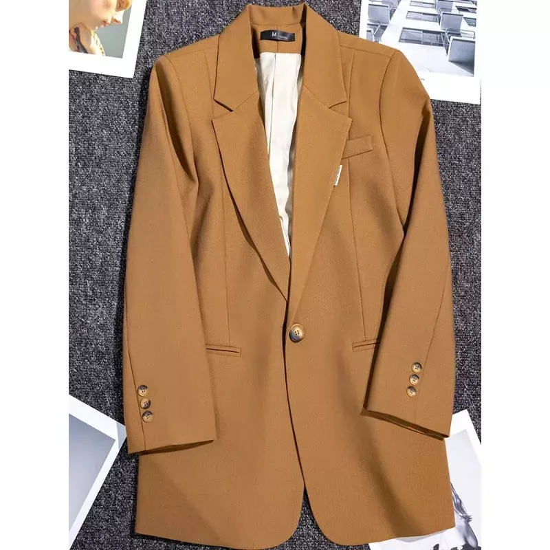 Casaco de blazer solto feminino, manga comprida, botão único, reto, jaqueta formal para senhoras do escritório, cinza, café, preto, roupa de trabalho feminina