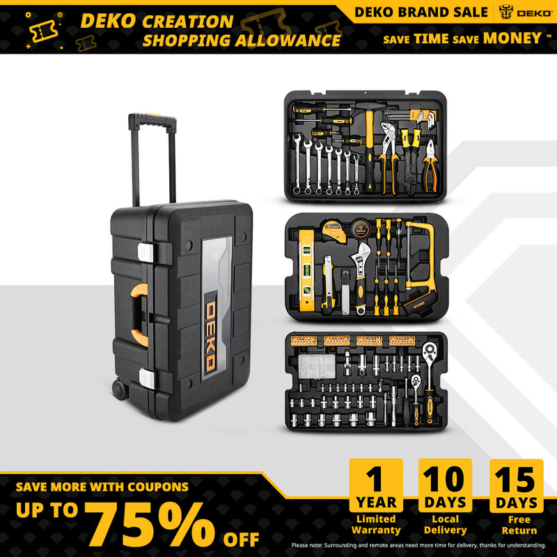 Deko edc 258 pçs conjunto de ferramentas com três-camada de rolamento caixa de ferramentas de mão kit de armazenamento caixa de cola arma chave de soquete chave de fenda