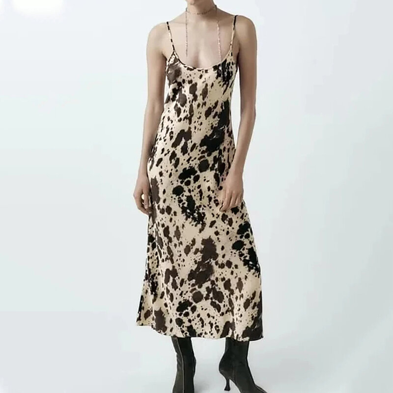 Vestidos de verano con estampado de leopardo para mujer, traje Sexy con escote en V profundo, Espalda descubierta, Midi, a la moda, 2024