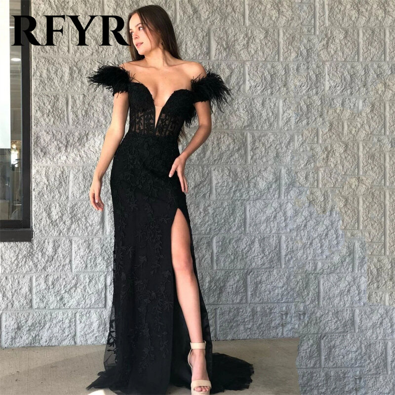 RFYR Cap Sleeve Black Prom Dress V Neck Lace Appliques Party Dresses Celebrity Gowns With Feathers Party Dress вечерние платья